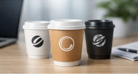 Popieriniai puodeliai su logotipu verslui