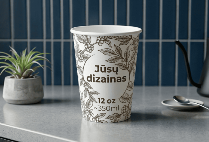 Vienasieniai popieriniai puodeliai su spauda, 12oz (~350ml)