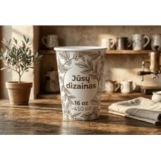 Vienasieniai popieriniai puodeliai su spauda, 16oz (~450ml)