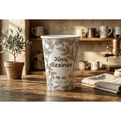 Vienasieniai popieriniai puodeliai su spauda, 16oz (~450ml)