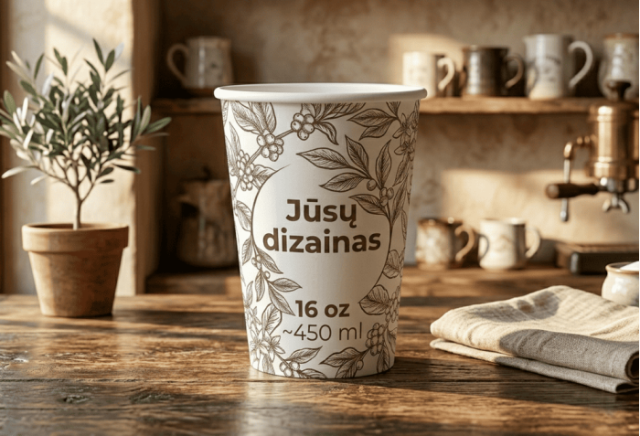Vienasieniai popieriniai puodeliai su spauda, 16oz (~450ml)
