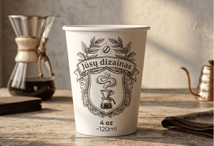 Vienasieniai popieriniai puodeliai su spauda, 4oz (~120ml)