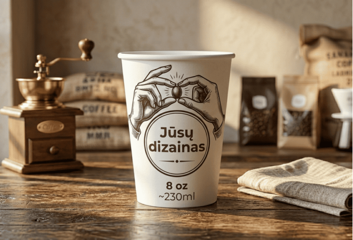 Vienasieniai popieriniai puodeliai su spauda, 8oz (~220ml)